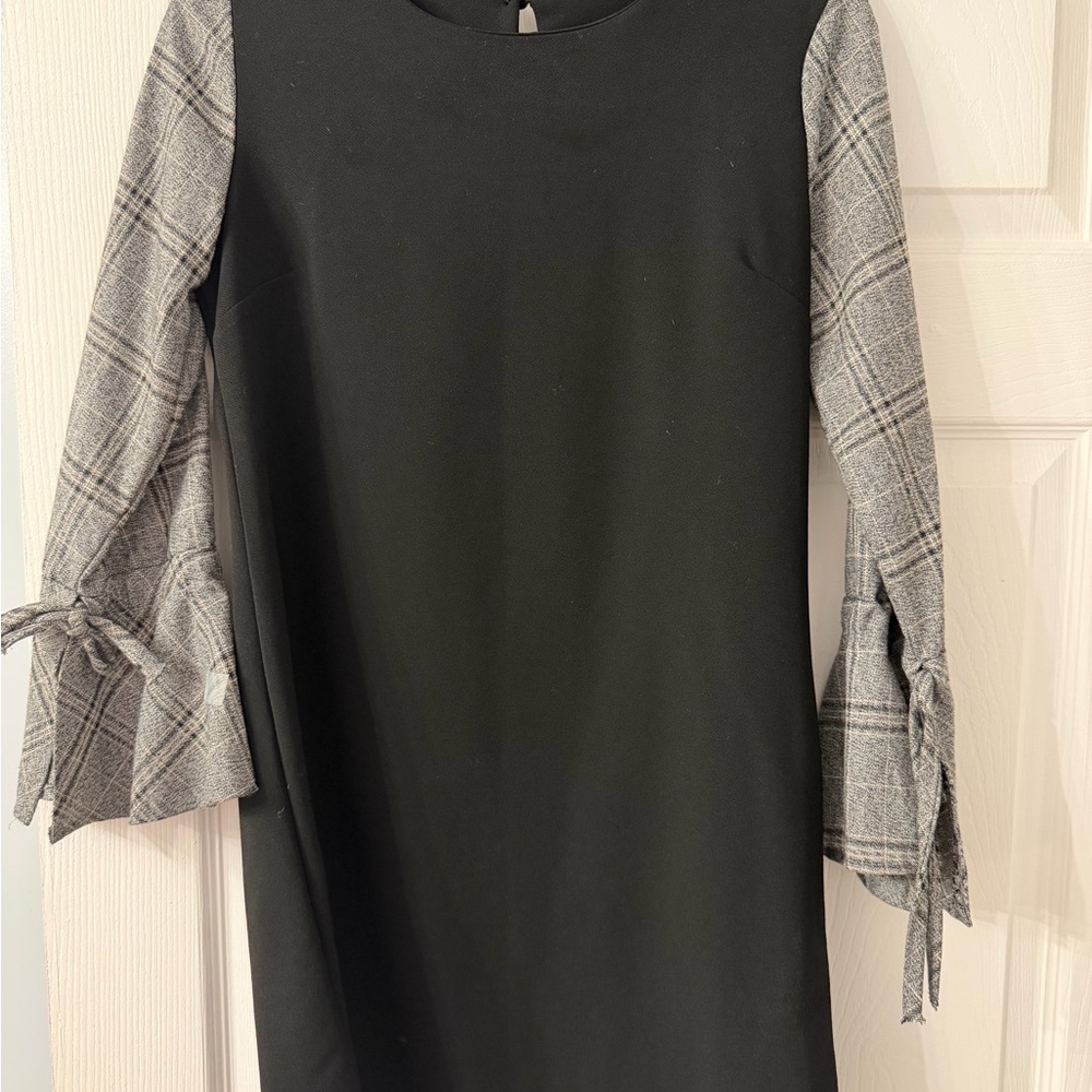 Black Shift Dress with Gray Plaid Tie-Sleeves